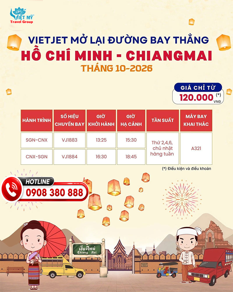 Vietjet mở lại đường bay thẳng TPHCM - Chiang Mai