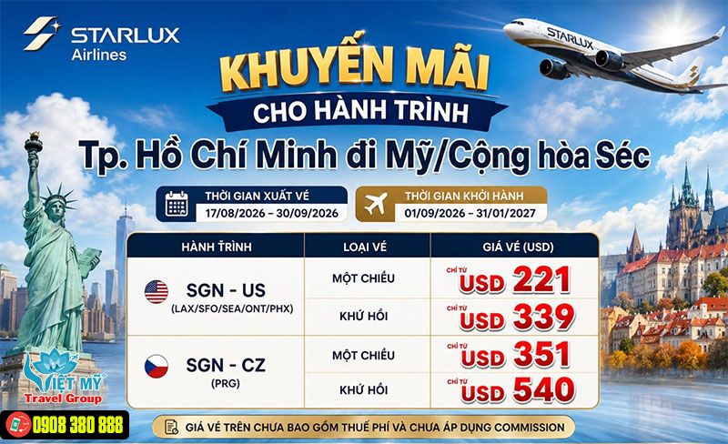 Starlux Airlines khuyến mãi đặc biệt đi Mỹ & Cộng Hoà Séc