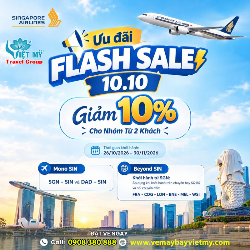 Singapore Airlines giảm thêm 10% cho nhóm từ 2 khách là chương trình ưu đãi hấp dẫn dành cho những hành khách đang lên kế hoạch du lịch, công tác hoặc khám phá thế giới trong thời gian tới. Nhân dịp Flash Sale 10.10, Singapore Airlines mang đến cơ hội tiết kiệm chi phí vé máy bay khi đặt chỗ theo nhóm, áp dụng trên các hành trình đủ điều kiện. Đừng bỏ lỡ dịp lên kế hoạch cho chuyến đi cùng gia đình, bạn bè hoặc đồng nghiệp với mức giá ưu đãi hơn! 1. Flash Sale 10.10 – Singapore Airlines giảm thêm 10% cho nhóm từ 2 khách Bạn đang dự định du lịch Singapore, khám phá châu Âu hay thực hiện chuyến đi đến Australia? Chương trình Flash Sale 10.10 từ Singapore Airlines sẽ là cơ hội đáng cân nhắc để tối ưu chi phí di chuyển. Theo chương trình, hành khách được giảm thêm 10% trên giá vé khuyến mãi trước đó khi đặt vé theo nhóm từ 2 khách trở lên, trên những hành trình đáp ứng điều kiện áp dụng. Ưu đãi phù hợp với nhiều nhu cầu khác nhau, từ những chuyến du lịch cùng người thân, kỳ nghỉ cùng bạn bè đến các chuyến công tác có nhiều thành viên tham gia. Thay vì đặt vé riêng lẻ, bạn có thể chủ động lên kế hoạch cho cả nhóm và liên hệ đại lý để được tư vấn lựa chọn hành trình phù hợp. Singapore Airlines là hãng hàng không quốc tế được nhiều hành khách lựa chọn khi di chuyển đến Singapore và các điểm đến trên thế giới. Với mạng lưới đường bay kết nối qua Singapore, hành khách có thêm lựa chọn cho hành trình đến châu Âu và Australia. Lưu ý: Mức giảm 10% là ưu đãi bổ sung trên giá vé khuyến mãi trước đó, không mặc định áp dụng cho mọi chuyến bay hoặc mọi loại giá vé. Điều kiện cụ thể cần được kiểm tra khi đặt chỗ. 2. Hành trình MONO SIN – Bay Singapore với giá ưu đãi Singapore là điểm đến lý tưởng cho những chuyến du lịch ngắn ngày, kỳ nghỉ cuối tuần hoặc hành trình kết hợp mua sắm, giải trí và khám phá văn hóa. Thành phố nổi bật với những công trình kiến trúc hiện đại, khu vườn xanh mát, các trung tâm thương mại sầm uất và nền ẩm thực đa dạng. Trong chương trình Flash Sale 10.10, các hành trình MONO SIN được giới thiệu gồm: TP.HCM (SGN) ⇄ Singapore (SIN): SQ7 / SQ. Đà Nẵng (DAD) ⇄ Singapore (SIN): SQ176 / SQ175. Đây là những lựa chọn dành cho hành khách khởi hành từ TP.HCM hoặc Đà Nẵng muốn khám phá Singapore. Bạn có thể lên lịch tham quan Marina Bay, Gardens by the Bay, Merlion Park, đảo Sentosa hoặc thưởng thức các món ăn đặc trưng tại những khu ẩm thực địa phương. Đối với nhóm khách từ 2 người trở lên, việc lên kế hoạch và đặt vé sớm giúp cả nhóm dễ dàng thống nhất lịch trình, lựa chọn chuyến bay và kiểm tra điều kiện ưu đãi trước khi thanh toán. 3. BEYOND SIN – Từ TP.HCM nối chuyến đến các điểm đến quốc tế Không chỉ dừng lại ở Singapore, chương trình còn giới thiệu các hành trình nối chuyến từ TP.HCM qua Singapore để tiếp tục đến nhiều thành phố quốc tế hấp dẫn. Hành khách khởi hành trên chuyến bay SQ7 đến Singapore, sau đó nối chuyến theo hành trình phù hợp đến các điểm đến sau: Frankfurt (FRA) – Đức: Chuyến bay nối chuyến SQ326. Paris (CDG) – Pháp: Chuyến bay nối chuyến SQ338. London (LON) – Anh: Chuyến bay nối chuyến SQ3. Brisbane (BNE) – Australia: Chuyến bay nối chuyến SQ245. Melbourne (MEL) – Australia: Chuyến bay nối chuyến SQ217. Western Sydney (WSI) – Australia: Chuyến bay nối chuyến SQ261. Mỗi điểm đến mang đến một trải nghiệm riêng. Nếu yêu thích nghệ thuật và kiến trúc, Paris là lựa chọn đáng cân nhắc. London hấp dẫn với những công trình lịch sử và nhịp sống hiện đại, trong khi Frankfurt là điểm đến phù hợp cho cả du lịch và công tác. Tại Australia, Brisbane thu hút bởi không gian ven sông và khí hậu dễ chịu; Melbourne nổi bật với văn hóa cà phê, nghệ thuật đường phố và những khu phố giàu cá tính. Western Sydney cũng mở ra lựa chọn cho những hành trình khám phá khu vực phía Tây Sydney. Với những nhóm khách có kế hoạch đi xa, ưu đãi Singapore Airlines giảm thêm 10% là dịp thích hợp để kiểm tra giá vé và cân đối ngân sách. Tuy nhiên, hành khách nên xác nhận tình trạng chỗ, thời gian nối chuyến và điều kiện vé cho toàn bộ hành trình trước khi xuất vé. 4. Thời gian xuất vé và khởi hành của chương trình Flash Sale 10.10 Để tận dụng ưu đãi, hành khách cần lưu ý các mốc thời gian của chương trình: Thời gian xuất vé: Từ ngày 10/10 đến hết ngày 13/10/2026. Thời gian khởi hành: Từ ngày 26/10 đến hết ngày 30/11/2026. Hạng ghế áp dụng: Thương gia (D) và Phổ thông (V, K). Điều kiện số lượng khách: Nhóm từ 2 khách trở lên. Mức ưu đãi: Giảm thêm 10% trên giá vé khuyến mãi trước đó, áp dụng cho các hành trình đủ điều kiện. Thời gian mở bán ưu đãi khá ngắn, vì vậy bạn nên chuẩn bị sẵn thông tin hành khách, điểm đi, điểm đến và ngày dự kiến khởi hành để quá trình kiểm tra giá vé được thuận tiện hơn. Lưu ý rằng giá vé thực tế có thể thay đổi tùy tình trạng chỗ, hành trình, hạng đặt chỗ và điều kiện của chương trình. Việc đáp ứng số lượng khách tối thiểu không đồng nghĩa tất cả các chuyến bay đều có mức giảm này. 5. Kinh nghiệm đặt vé Singapore Airlines cho nhóm từ 2 khách Để tận dụng chương trình Flash Sale 10.10 hiệu quả, bạn có thể tham khảo một số kinh nghiệm sau: Chủ động chốt lịch trình: Thống nhất ngày đi, ngày về và số lượng thành viên trước khi yêu cầu báo giá. Điều này giúp việc kiểm tra hành trình và chỗ ngồi diễn ra nhanh chóng hơn. Kiểm tra giá vé sau ưu đãi: Hãy yêu cầu xác nhận giá vé cuối cùng sau khi áp dụng chương trình giảm thêm 10%, đồng thời kiểm tra thuế, phí và các điều kiện đi kèm. Lựa chọn hành trình nối chuyến phù hợp: Nếu bay qua Singapore đến châu Âu hoặc Australia, hãy kiểm tra kỹ thời gian nối chuyến, quy định hành lý và các điều kiện áp dụng cho toàn bộ hành trình. Chuẩn bị thông tin chính xác: Họ tên hành khách cần trùng khớp với giấy tờ đi lại. Với những chuyến bay quốc tế, bạn cũng nên kiểm tra trước yêu cầu về hộ chiếu, thị thực và giấy tờ nhập cảnh tại điểm đến. Đặt vé trong thời gian khuyến mãi: Chương trình chỉ áp dụng trong thời gian xuất vé quy định và phụ thuộc vào điều kiện của từng hành trình. Liên hệ đại lý sớm giúp bạn có thêm thời gian so sánh lựa chọn trước khi quyết định. 6. Đặt vé Singapore Airlines ưu đãi tại Đại lý vé máy bay Việt Mỹ Bạn đang tìm kiếm vé Singapore Airlines đi Singapore, châu Âu hoặc Australia cho nhóm từ 2 khách? Đại lý vé máy bay Việt Mỹ sẵn sàng hỗ trợ kiểm tra hành trình, tư vấn điều kiện ưu đãi và báo giá theo nhu cầu thực tế. Khi liên hệ, bạn nên cung cấp số lượng hành khách, điểm khởi hành, điểm đến và ngày dự kiến bay để được hỗ trợ kiểm tra chuyến bay phù hợp. Đối với hành trình nối chuyến quốc tế, đội ngũ tư vấn cũng có thể hỗ trợ bạn tìm hiểu các thông tin cần thiết trước khi đặt chỗ. Thông tin liên hệ Đại lý vé máy bay Việt Mỹ CÔNG TY TNHH DU LỊCH BAY VIỆT MỸ Địa chỉ: 466/8 Tân Kỳ Tân Quý, Phường Tân Sơn Nhì, TP.HCM. Hotline/Zalo: 0908 380 888. Website: https://vemaybayvietmy.com/ Đừng bỏ lỡ chương trình Flash Sale 10.10 – Singapore Airlines giảm thêm 10% cho nhóm từ 2 khách. Liên hệ Đại lý vé máy bay Việt Mỹ ngay hôm nay để kiểm tra giá vé, xác nhận điều kiện áp dụng và lên kế hoạch cho chuyến đi của bạn cùng gia đình, bạn bè hoặc đồng nghiệp!