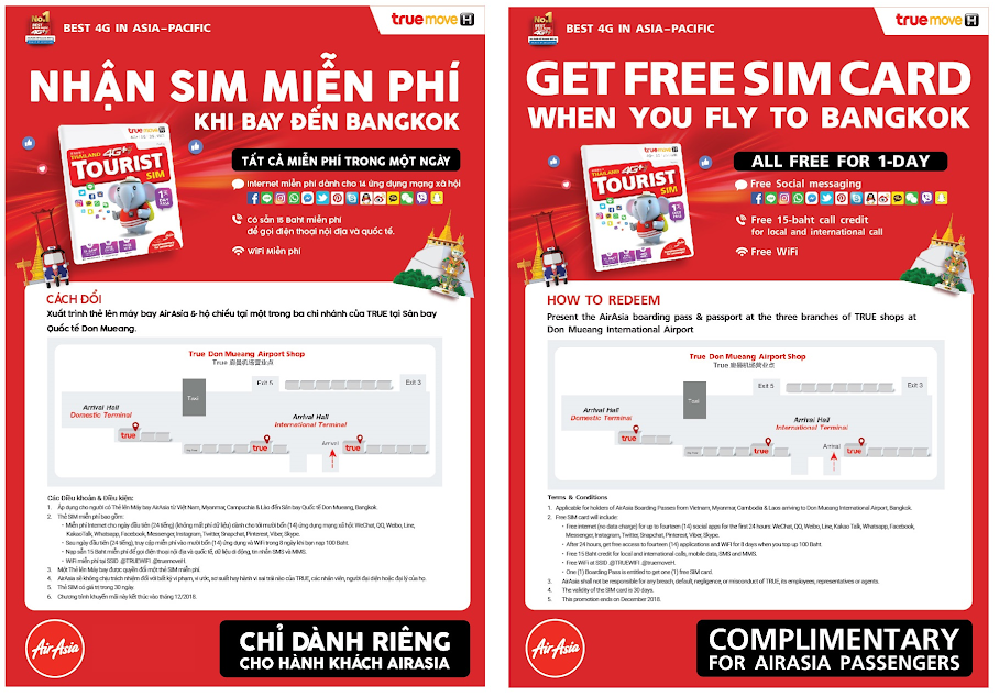 Miễn phí sim card 4G khi bay Air ASia