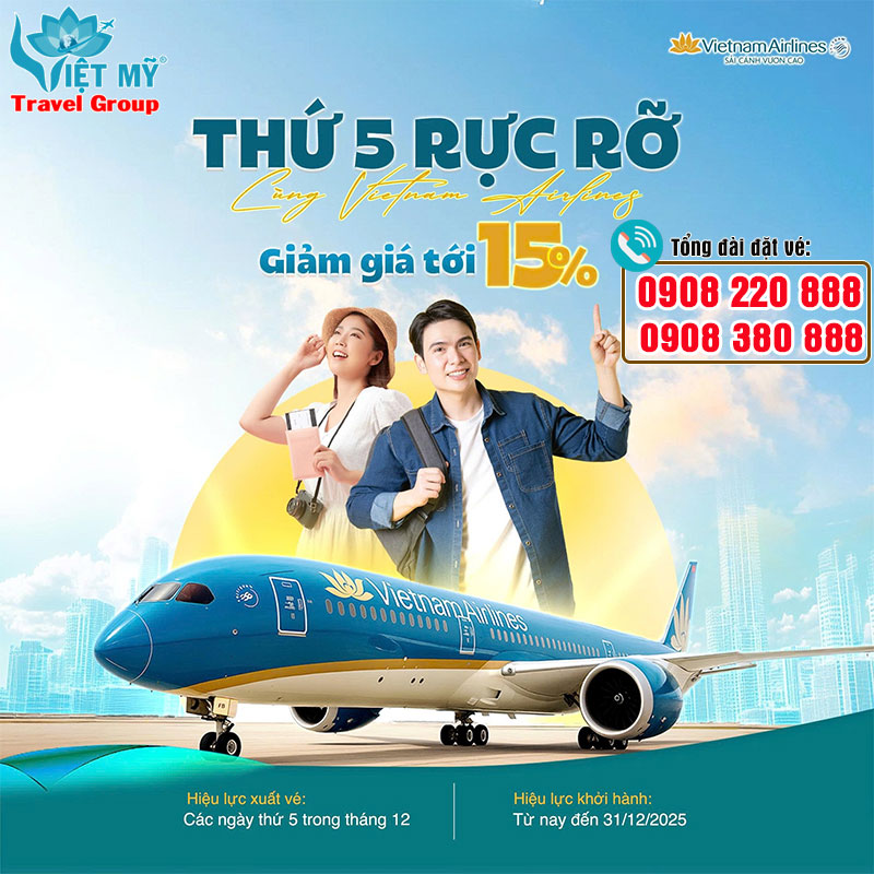 Ưu đãi thứ 5 rực rỡ - Vietnam Airlines giảm đến 15% giá vé
