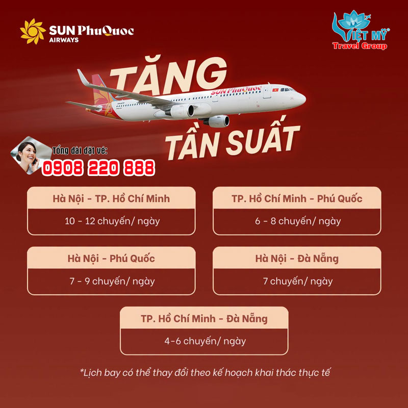 Sun PhuQuoc Airways tăng tần suất nhiều đường bay trọng điểm hè 2026