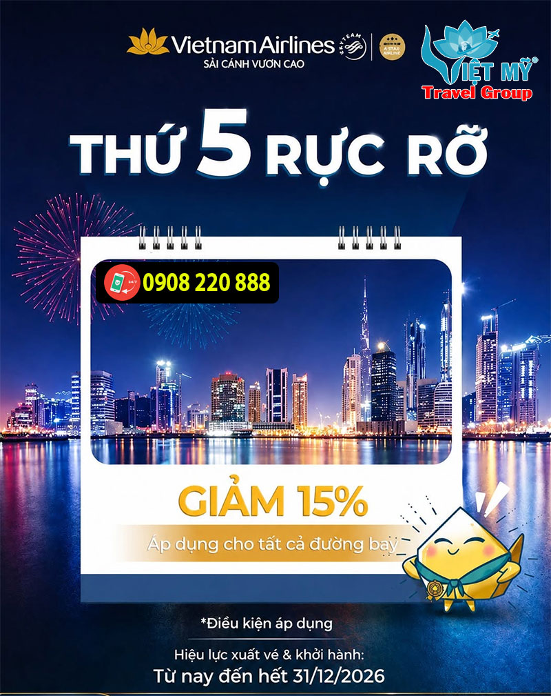 Thứ 5 rực rỡ - Săn vé Vietnam Airlines giảm đến 15%