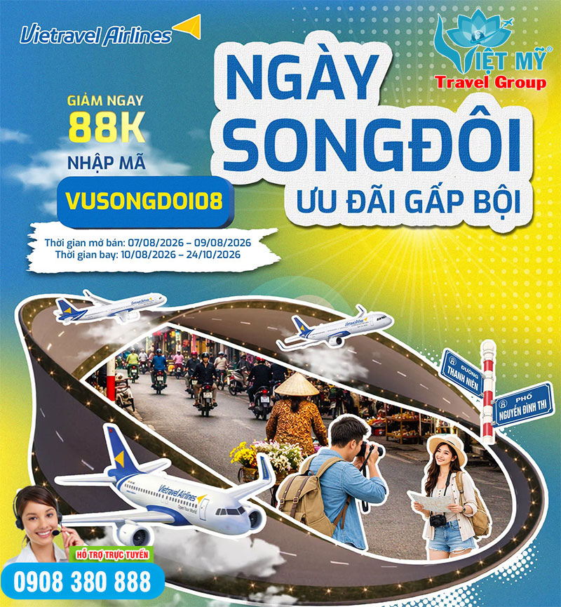 Ngày song đôi ưu đãi gấp bội Vietravel Airlines giảm ngay 88k
