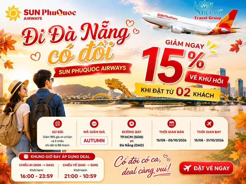 Đi Đà Nẵng có đôi - Sun PhuQuoc Airways giảm ngay 15% vé khứ hồi