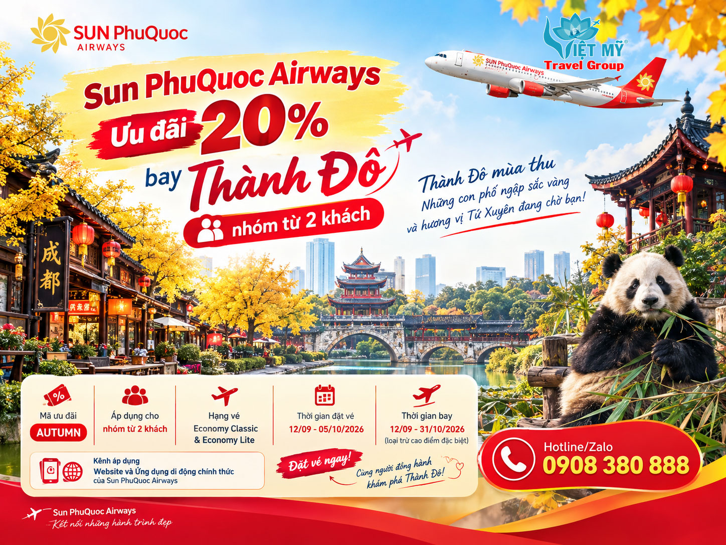 Sun PhuQuoc Airways ưu đãi 20% bay Thành Đô nhóm từ 2 khách