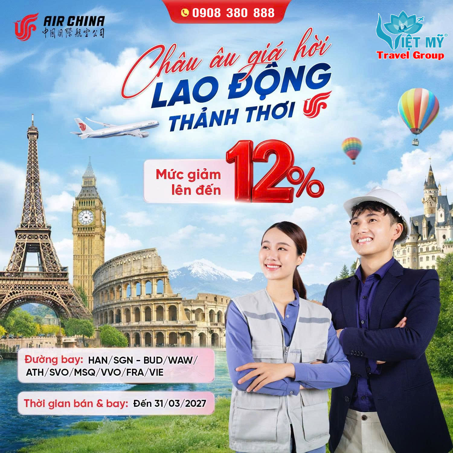 Bay Châu Âu giá hời cùng Air China giảm đến 12%
