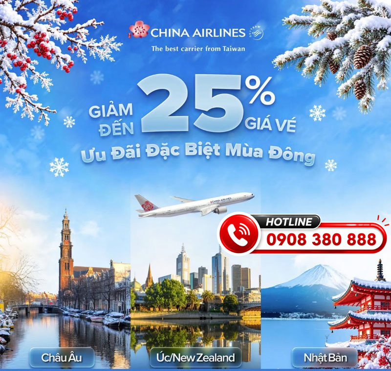 China Airlines ưu đãi đặc biệt mùa đông giảm đến 25% giá vé 1 China Airlines ưu đãi đặc biệt mùa đông giảm đến 25% giá vé