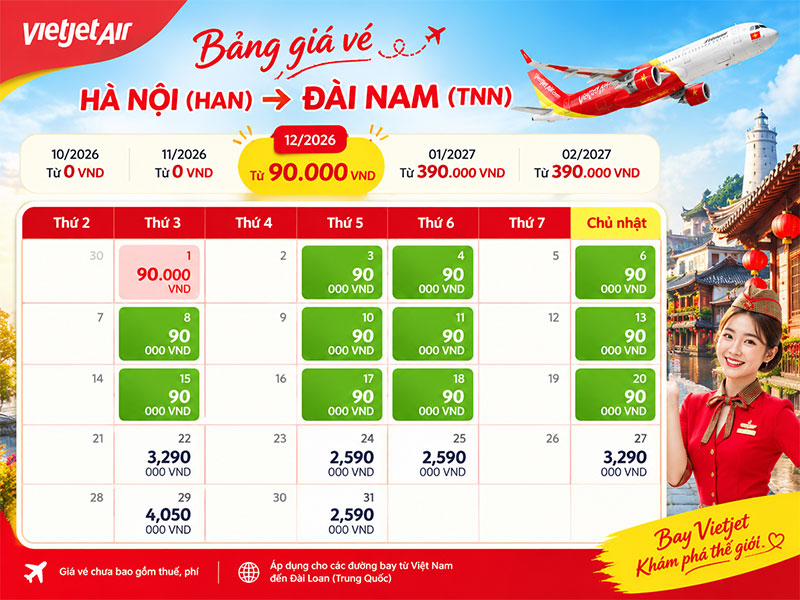 Săn vé Vietjet từ 90.000 đồng – lên lịch vi vu xứ Đài ngay