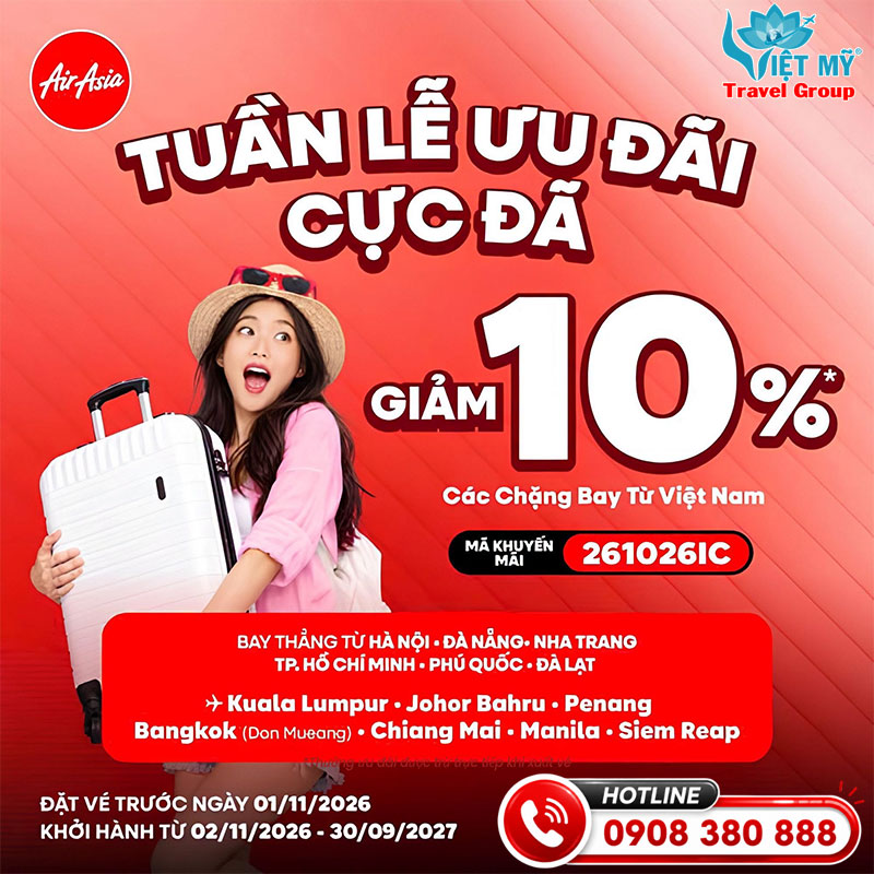 Tuần lễ ưu đãi - Air Asia giảm đến 10% các chặng bay từ Việt Nam 1 Tuần lễ ưu đãi - Air Asia giảm đến 10% các chặng bay từ Việt Nam